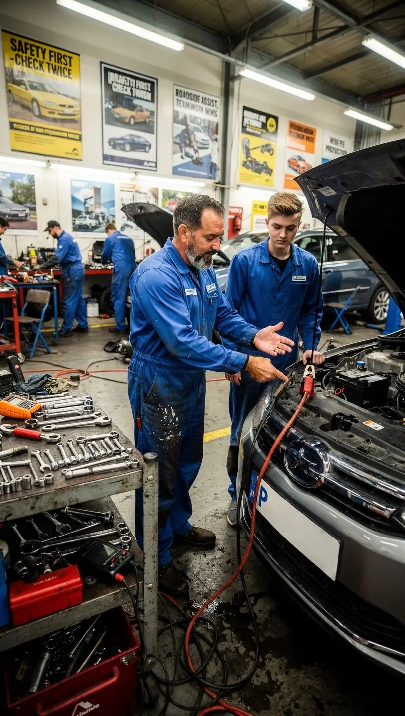 Fahrzeugheber hebt Auto an einer Werkstatt für Reifenwechsel und Reparatur