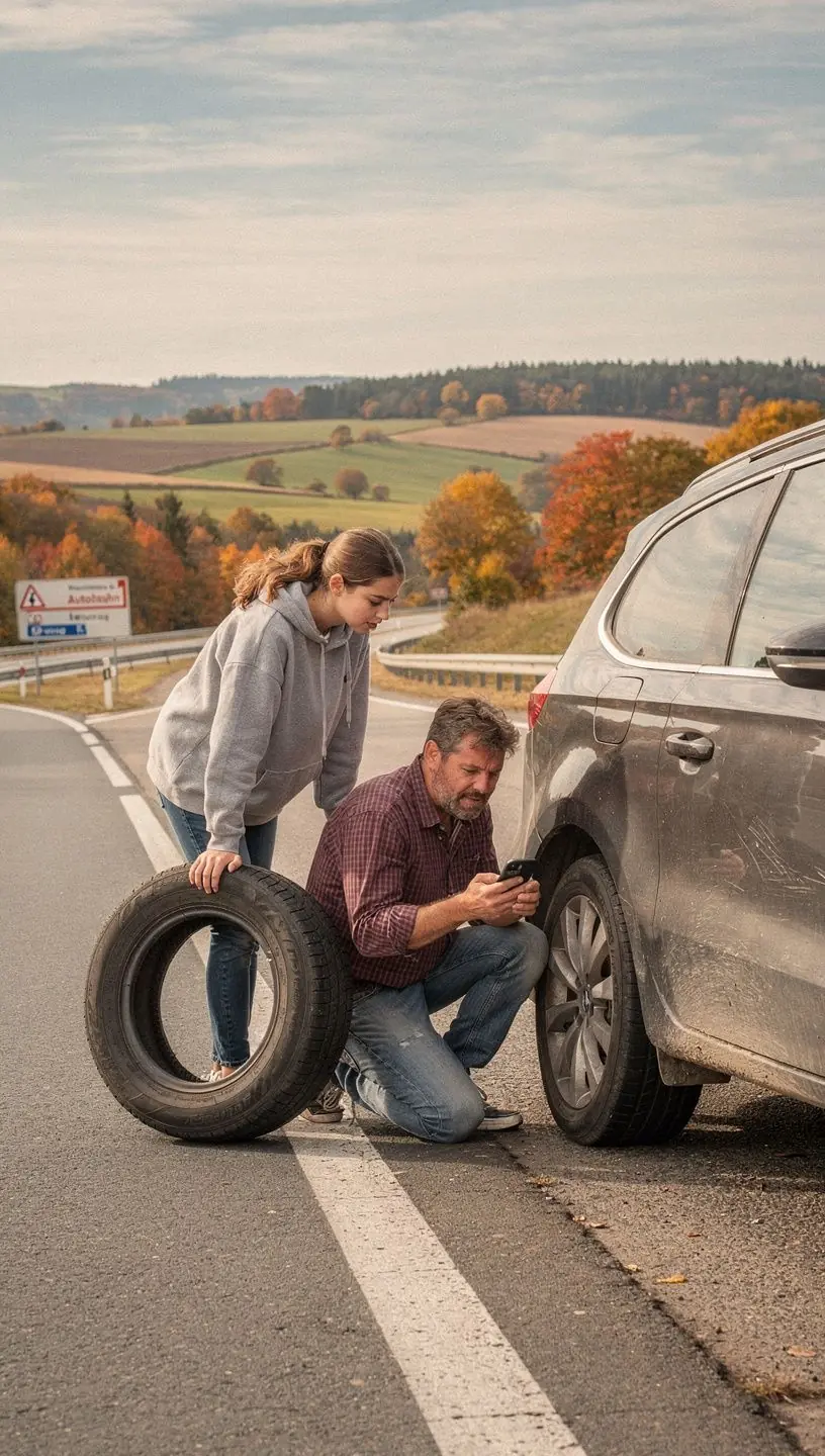 Pannenfahrzeug am Straßenrand mit geöffneter Motorhaube und wartendem Fahrer