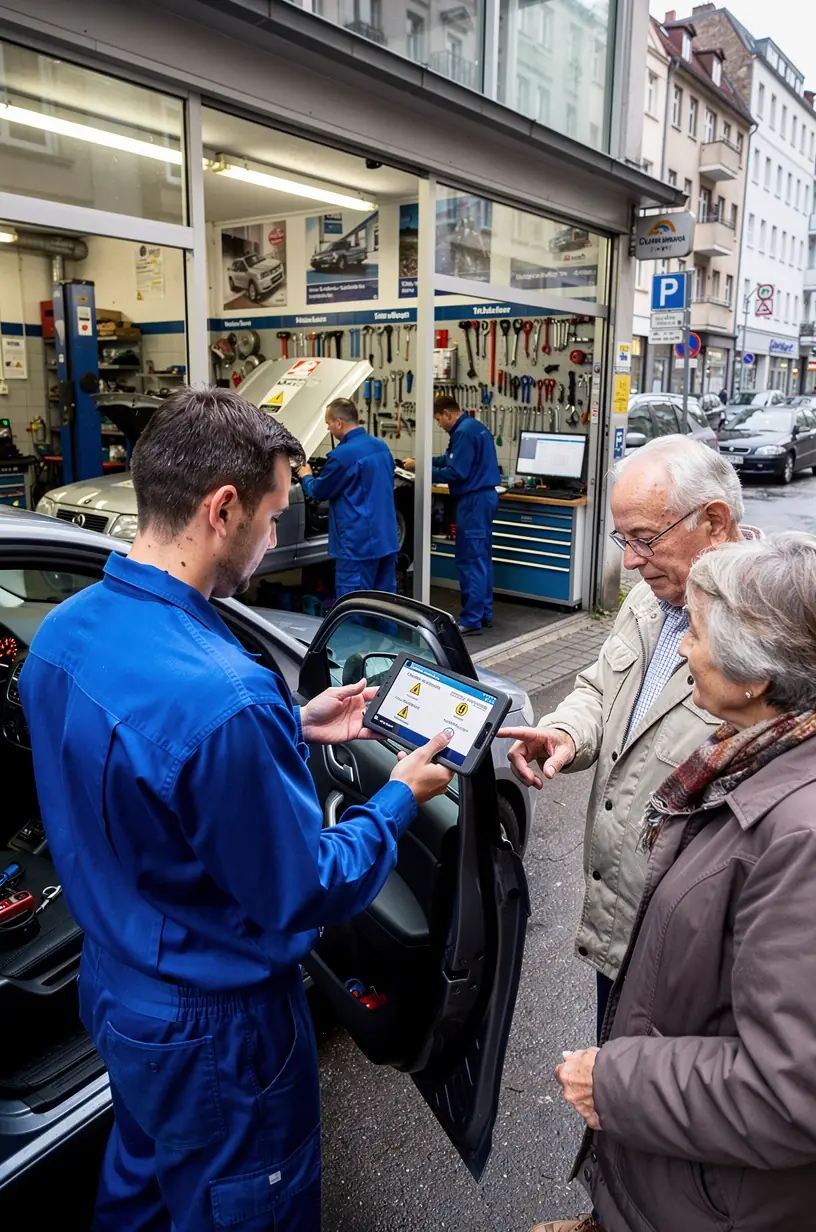 Techniker führt Sichtprüfung am Reifen durch und prüft Luftdruck mit Messgerät